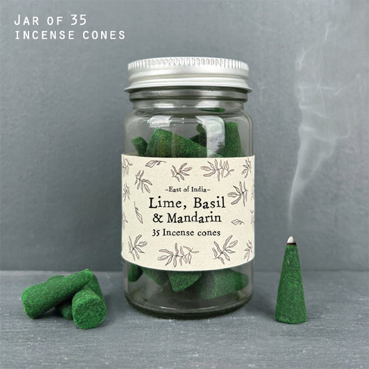 East of India Jar of Incense Cones - Lime, Basil & Mandarin