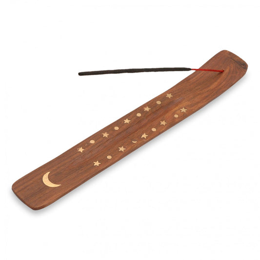 Wooden Incense Ski Holder With Brass Inlays - Moon & Stars